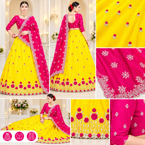 Beautiful embroidered net lehenga choli with dupatta.