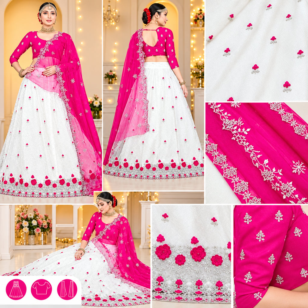 Beautiful embroidered net lehenga choli with dupatta.