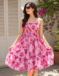 Women's Pink Floral Smocked Fit & Flare Midi Dress | Sleeveless Square Neck