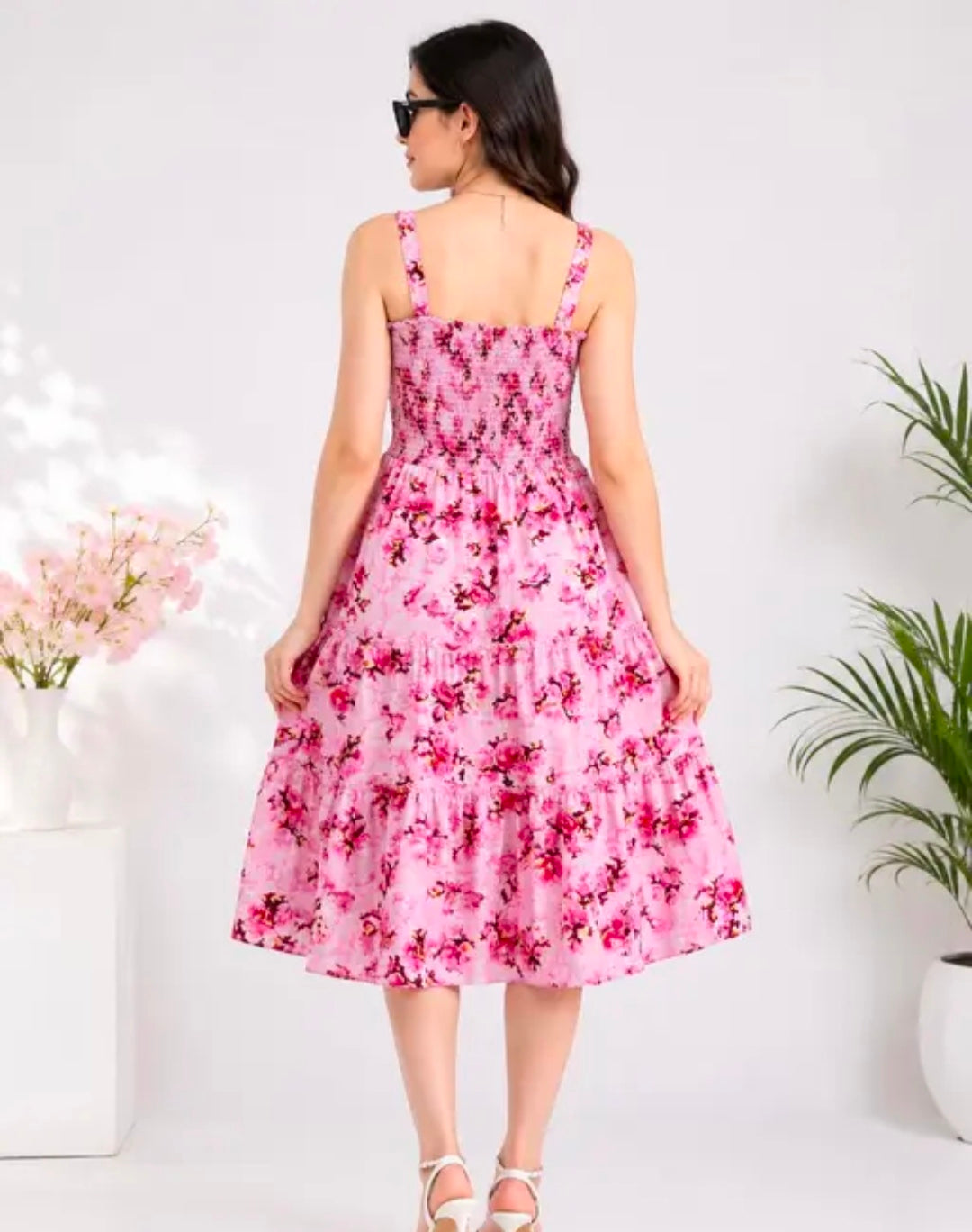 Women's Pink Floral Smocked Fit & Flare Midi Dress | Sleeveless Square Neck