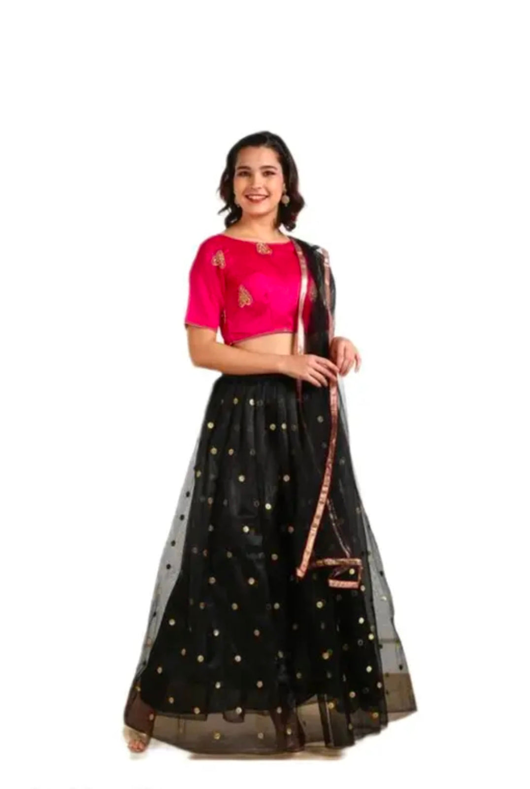 Embroidered Semi Stitched Net Lehenga For Women (Black and Pink)