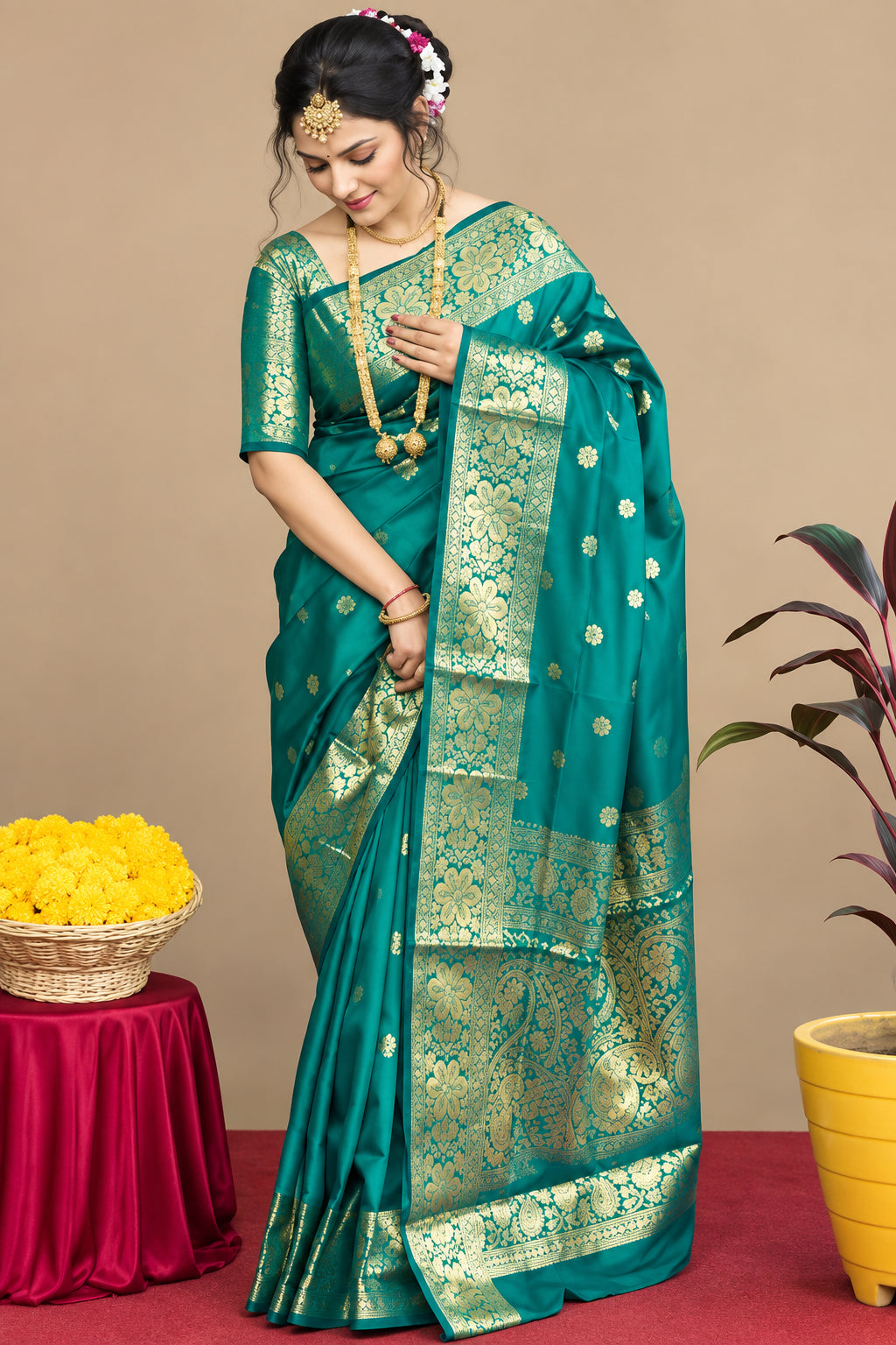 Rama green banarasi silk saree with golden zari border