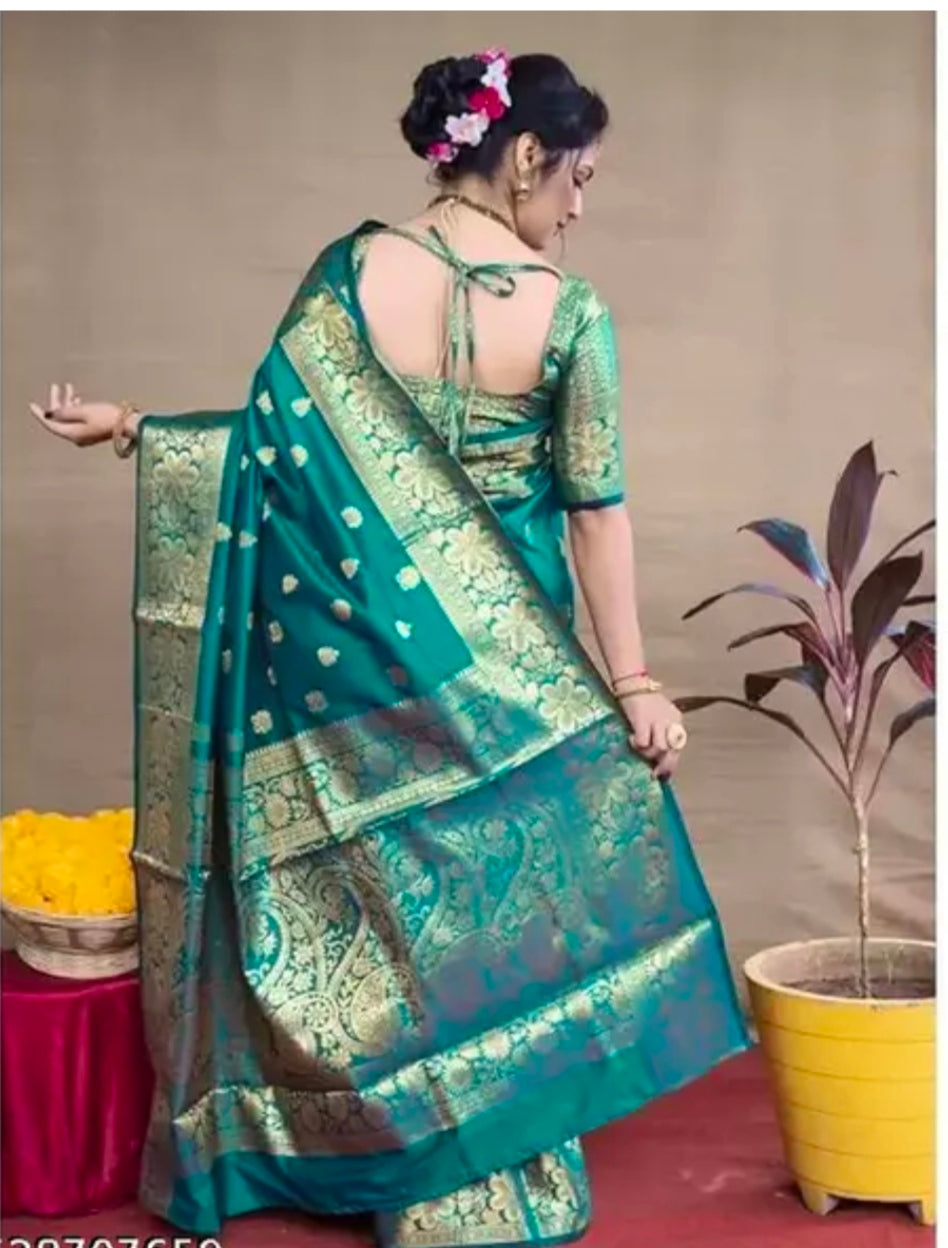 Rama green banarasi silk saree with golden zari border