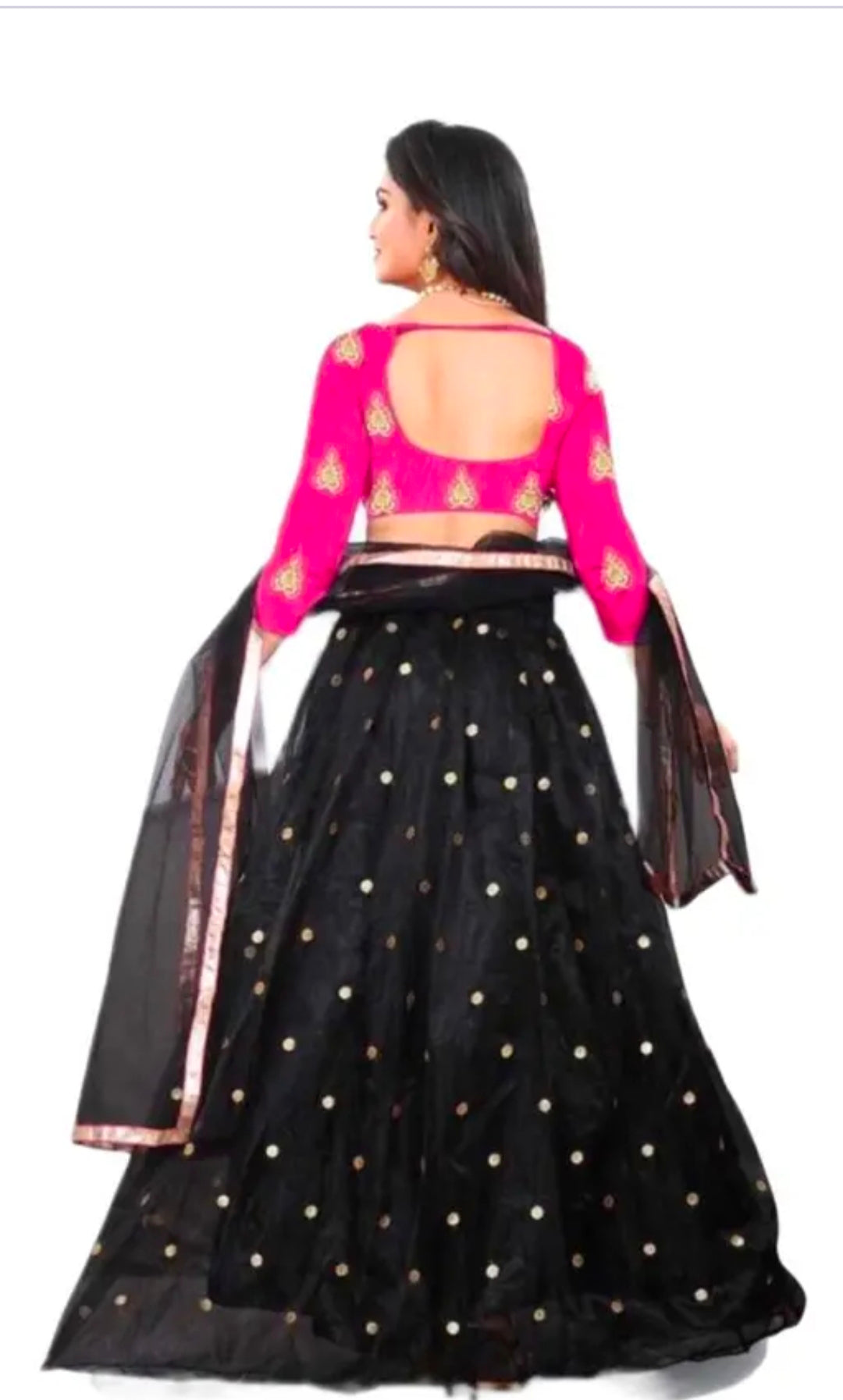 Embroidered Semi Stitched Net Lehenga For Women (Black and Pink)