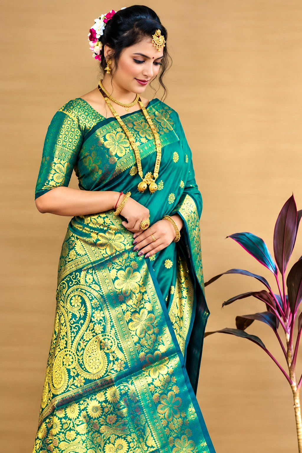 Rama green banarasi silk saree with golden zari border