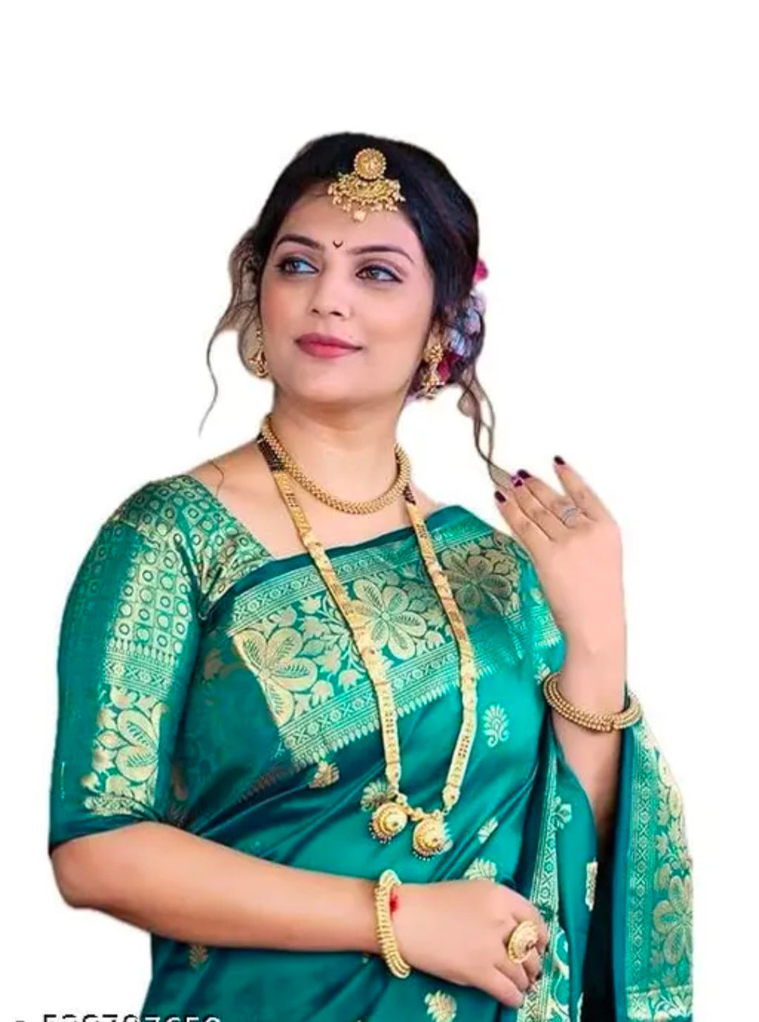 Rama green banarasi silk saree with golden zari border
