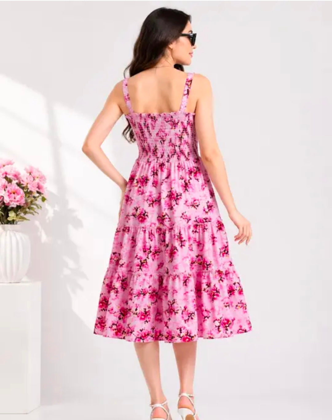 Women's Pink Floral Smocked Fit & Flare Midi Dress | Sleeveless Square Neck
