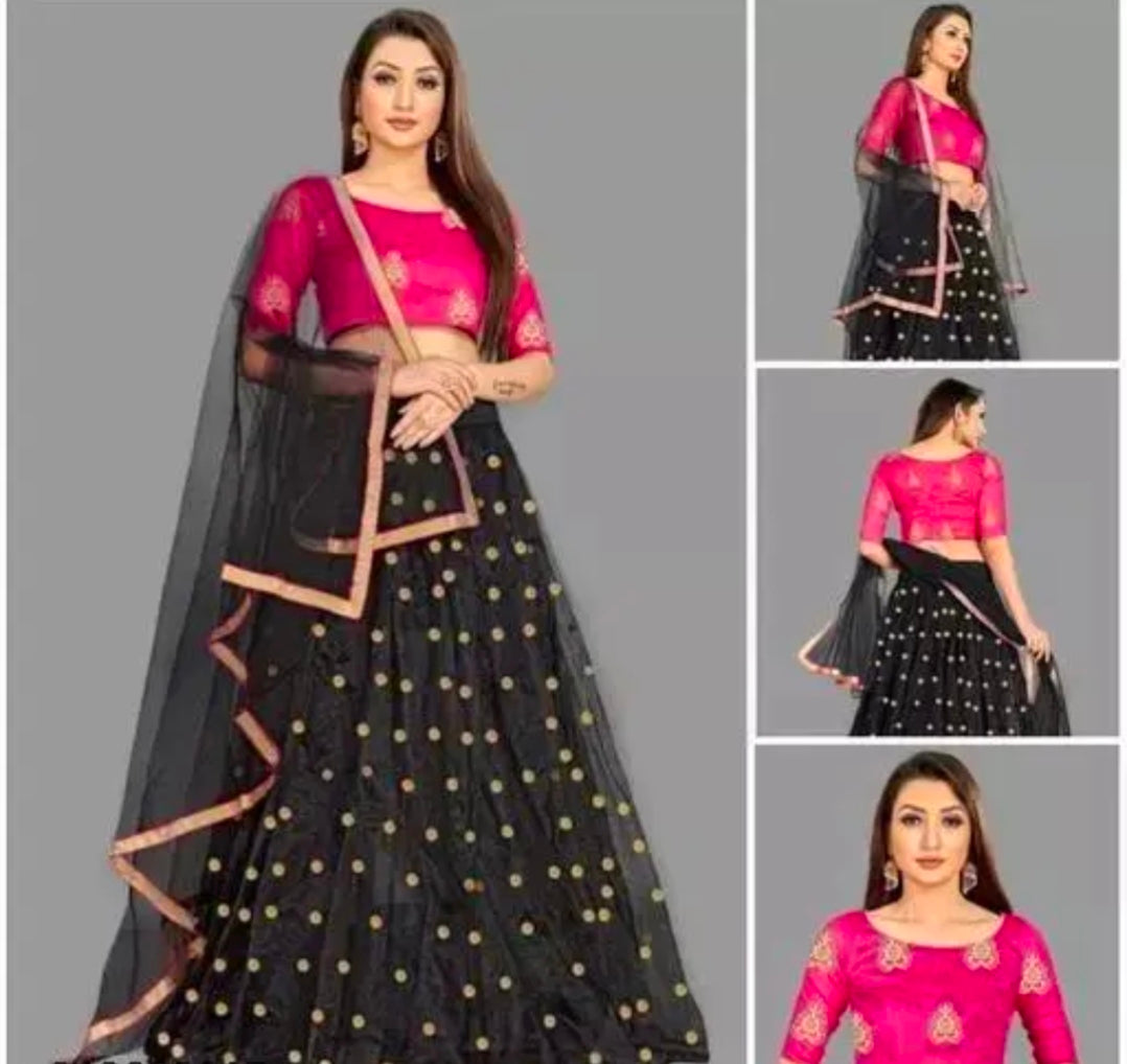 Embroidered Semi Stitched Net Lehenga For Women (Black and Pink)
