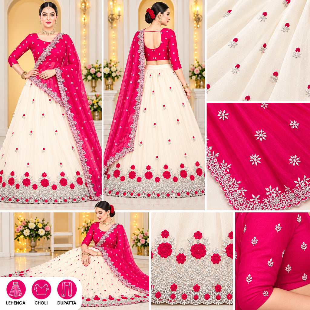 Beautiful embroidered net lehenga choli with dupatta.
